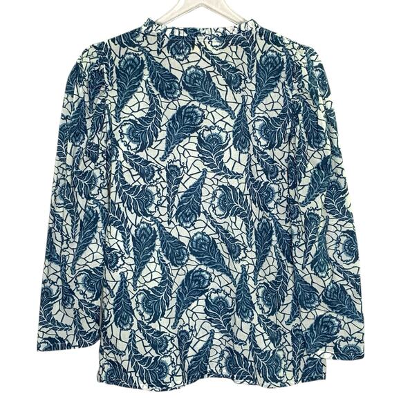 Bindu XS Laurie Top In Blue Feather Print 100% Cotton Ruffle Peasant Cottage - Picture 2 of 9